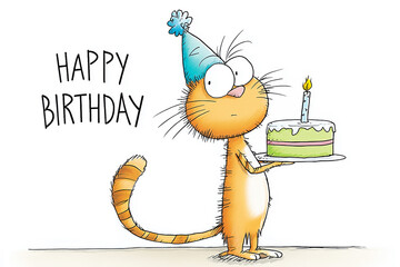 Happy Birthday Card with Funny Cat Holding Cake with One Candle Graphic