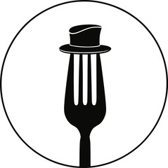 A minimalist black silhouette of a fork topped with a stylish hat,