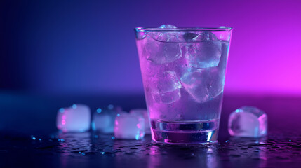 Glass of cold water with ice cubes on a glossy surface illuminated by colorful neon lights.

