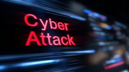 Glowing red text "Cyber Attack" on a digital screen background symbolizing cybersecurity threat.
