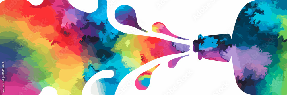 Poster watercolor splash set with paint blobs emerging from a bottle – ideal for art supply branding, diy p