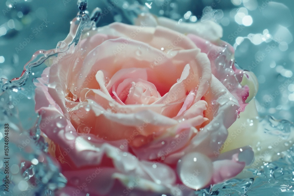 Poster close up of a pink rose getting splashed with refreshing water, creating a beautiful visual with wat
