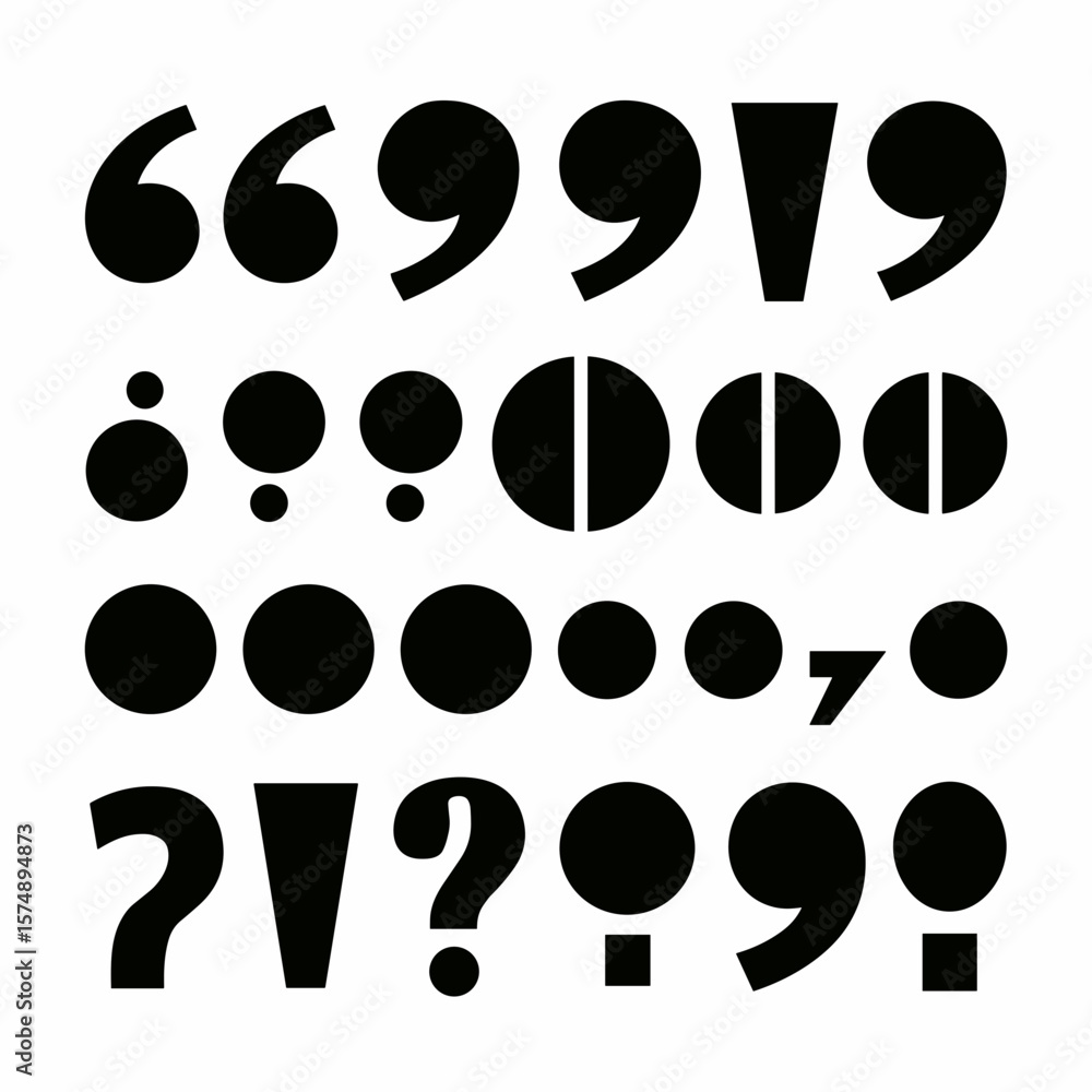 Poster black and white vector icon sheet of punctuation marks in grid layout