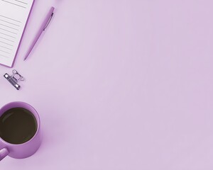 Lilac workspace with coffee and notebook