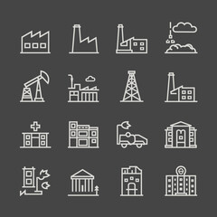 Grey background icon sheet with white-outlined industrial buildings