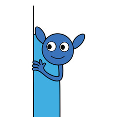 Cartoon Blue Character Peekaboo Illustration with a Playful Demeanor Beside a Bright Blue Column on a White Background
