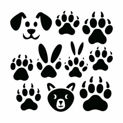 Obraz premium Vector icon sheet of black and white animal paw prints on white background