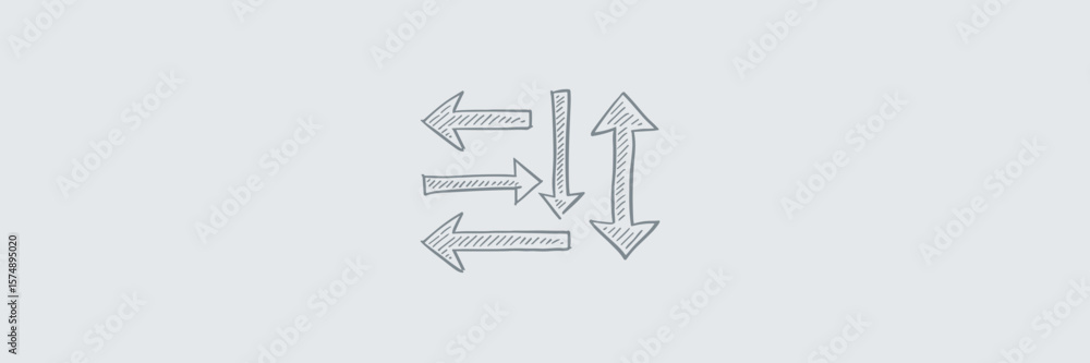 Poster clean hand-drawn sketch of four arrows pointing left right up and down in gray with white outline – 