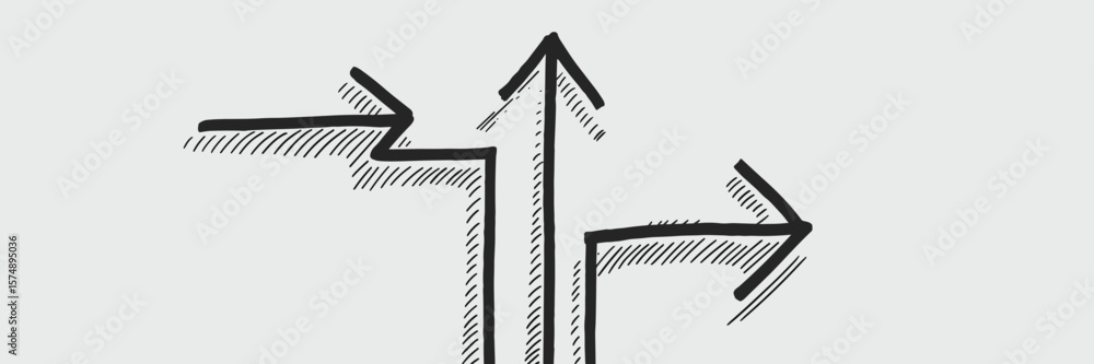 Poster simple hand-drawn sketch of three arrows pointing left right and up with subtle shadows – useful for