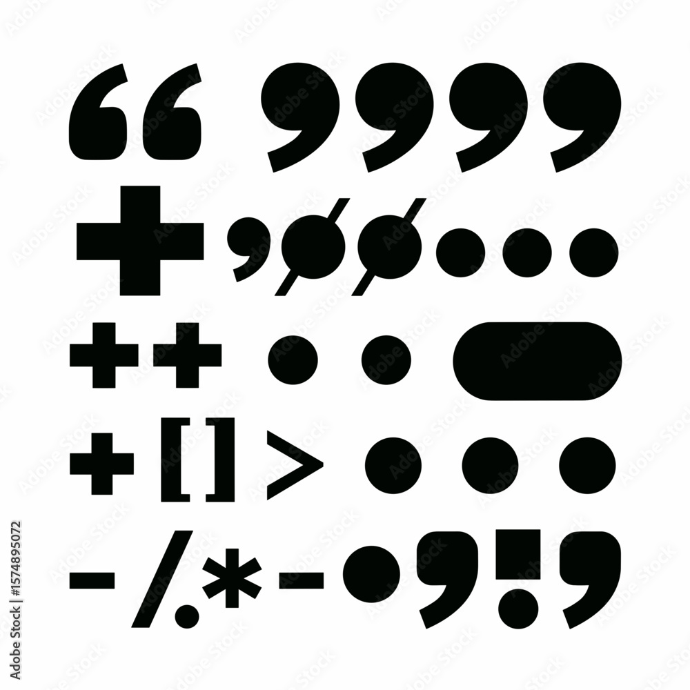 Poster black and white icon sheet of punctuation marks arranged in grid layout