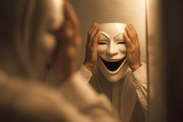Person holding white mask with exaggerated smile while looking into mirror in warm soft light atmosphere