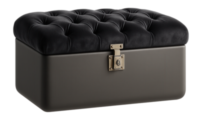 A decorative, upholstered toy chest with a tufted lid, blending seamlessly into a living room decor.