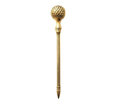 A gold colored stick with a gold ball on top