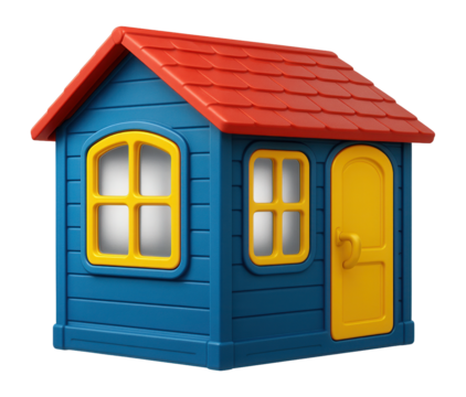 A brightly colored plastic playhouse with large windows and a door, suitable for an apartment balcony.