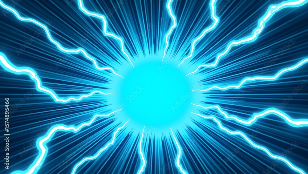 Poster energetic blue comic style background with flashing lightning and halftone design. generative ai.