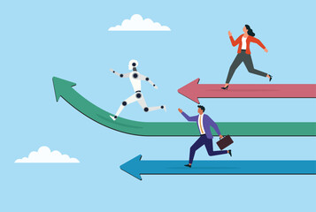 Vector illustration of human and artificial intelligence competing on different paths, symbolizing the dynamic race between human skills and ai capabilities in the digital age
