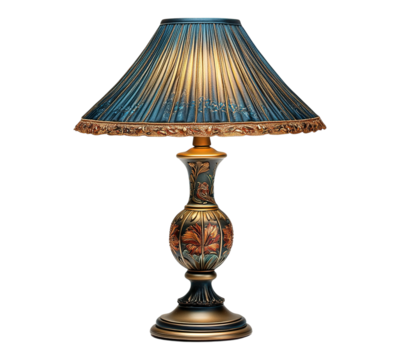 A lamp with a blue shade sits on a white background