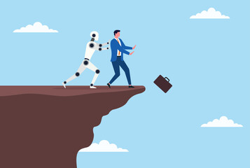 Vector illustration of a robot pushing a businessman off a cliff, representing the threat of automation and ai overtaking human roles in the modern workforce
