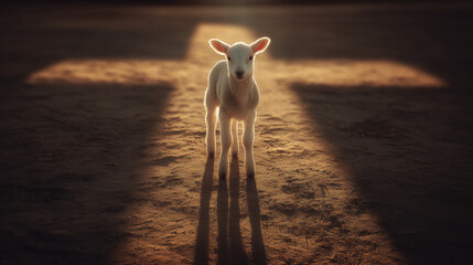 Young Lamb Standing in Cross Beam of Light; Religion Peace and Faith Concept