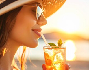 Close-up of lips sipping from a straw in a cold drink, with condensation on the glass and a sunlit background. Fresh and trendy image for beverage, youth lifestyle, or social media ads.
