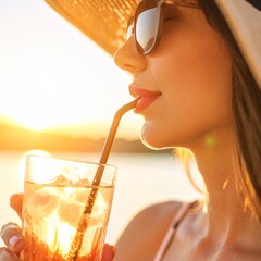 Close-up of lips sipping from a straw in a cold drink, with condensation on the glass and a sunlit background. Fresh and trendy image for beverage, youth lifestyle, or social media ads.