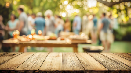 Empty Wooden Table Against Blurred People at Barbecue Summer Party Outdoors