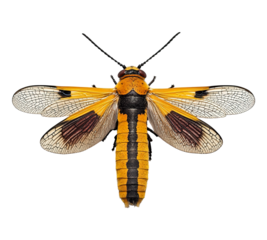 A large, yellow and black insect with a black head and antennae