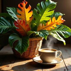 Warm Latte and Tropical Plants in a Sunny Room