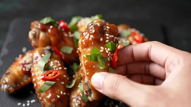 Close up of a hand arranging glazed chicken wings with sesame seeds and chili slices on a black plate
