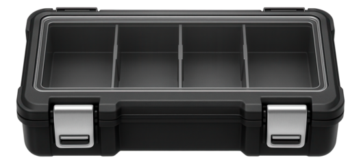 Plastic tool organizer box with removable dividers for storing drill bits and attachments in a workshop.