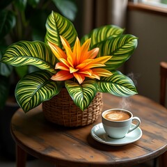 Warm Latte and Tropical Plants in a Sunny Room