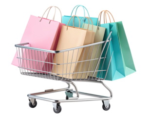 Tilted Shopping Cart with Spilling Bags in Motion Effect, Transparent PNG