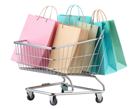 Tilted Shopping Cart with Spilling Bags in Motion Effect, Transparent PNG