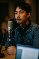 収録スタジオでマイクに向かう日本人男性の音声収録シーン｜ヘッドホンとデニムジャケット姿で真剣な眼差しを向ける男性とポップガード付きマイクが印象的なポートレート