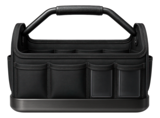 Soft-sided tool tote with reinforced base and multiple compartments for carrying a variety of cordless tools in a residential setting.