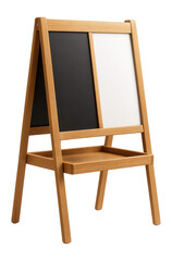 A kids' easel with a chalkboard on one side and a dry-erase board on the other, perfect for a playroom.