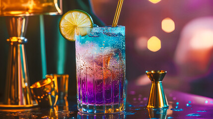 A stunning, colorful cocktail garnished with a lime slice on a polished bar A vibrant, colorful cocktail with a lime wedge garnish sits on a bar. The drink has shades of blue and purple with ice.