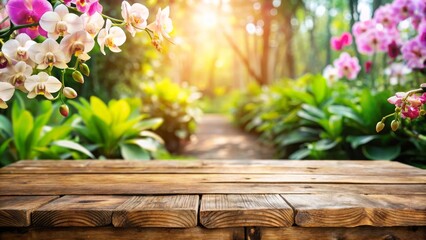Rustic Wooden Surface with Blurred Orchid Garden, Soft Light, Exotic Floral Nature Image