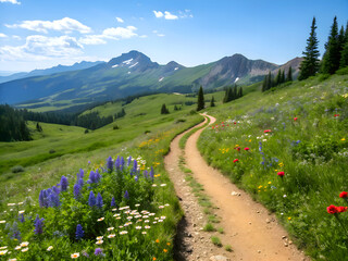 Winding Mountain Trail Through a Meadow of Wildflowers