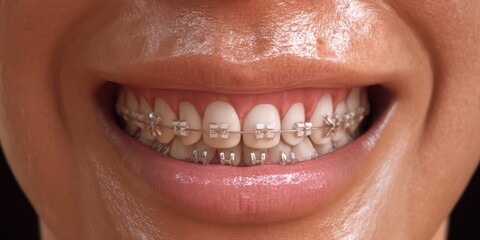 Fototapeta premium Cropped portrait of young woman smiling with dental braces showing natural beauty and healthy teeth orthodontic treatment concept for dental care hygiene medicine and modern healthcare promotion