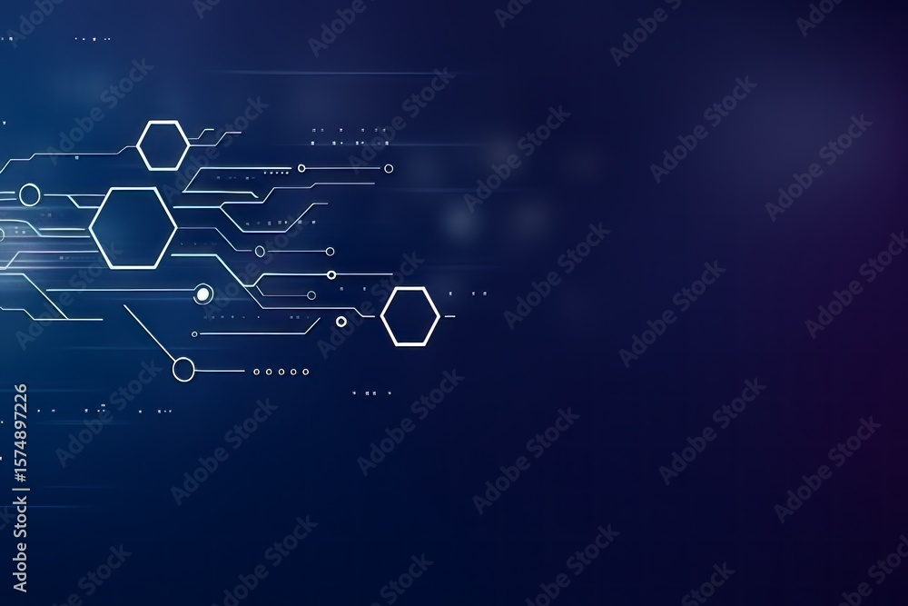 Poster abstract technology network: modern circuits and hexagons flowing across a gradient blue background,
