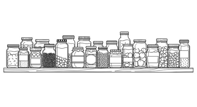 Naklejki Shelf stocked with assorted jars showcasing food preservation and home canning in a detailed line art style