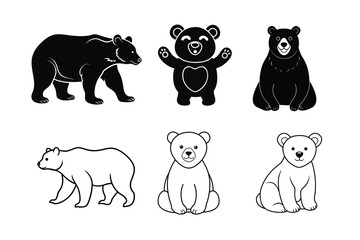 Cartoon Bears of Various Poses and Styles Black and White Line Drawing Illustration Animal Wildlife Forest Mammal