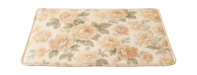 Silky polyester mat with a floral print, adding a decorative touch under pet bowls in a vintage-themed living room.