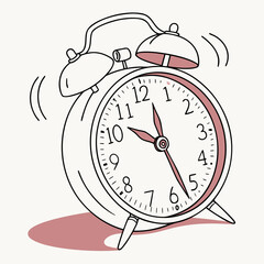 Illustration of a ringing alarm clock with shadow and visible minute and hour hands at ten ten