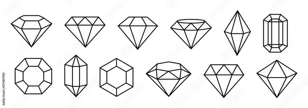 Fototapete Set of diamonds line in a flat icons style. Abstract black diamond collection icons. Gemstone icons in a linear minimal style. Vector icon logo design diamonds.