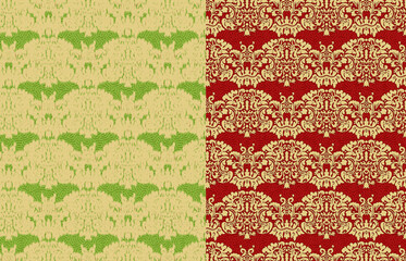 Seamless red and black Ikat damask pattern with rich, luxurious ornamentation. Elegant royal wallpaper, vintage floral textile, swatch fabric for wrapping paper, decoration, and interior design.