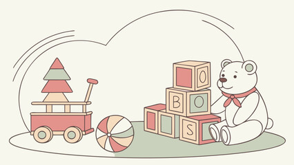 Naklejka premium Illustration of a teddy bear blocks wagon and ball in a nursery setting with a soft color palette