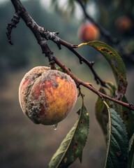 Decaying peach splitting open on branch nature scene close-up organic decay still life evocative visuals