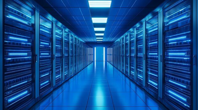 Data Center Corridor: A modern data center hallway features a vast array of server racks illuminated with glowing blue lights. Capturing the energy and precision of technology infrastructure